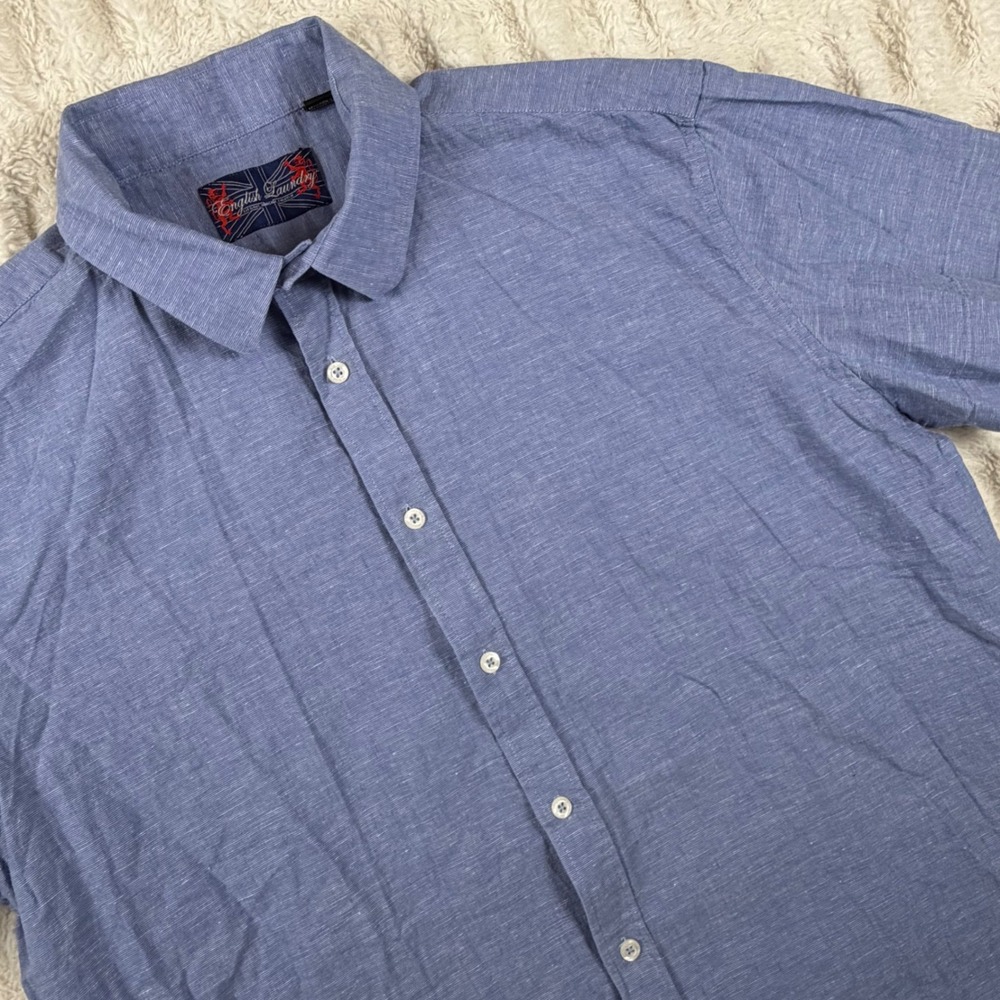 English Laundry Mens Blue Linen Cotton Short Sleeve Button Down Shirt Large
